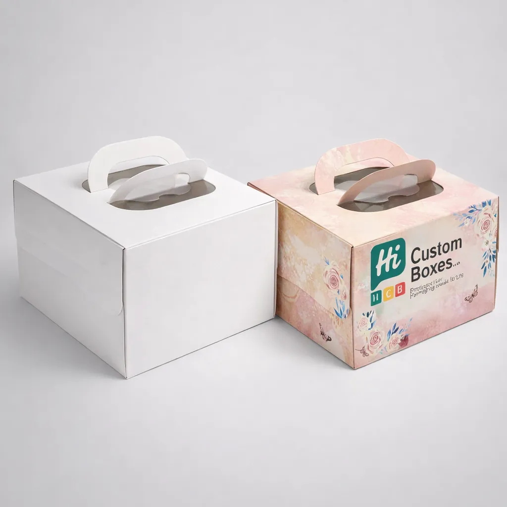 Square white and floral patterned bakery boxes with top windows and sturdy curved carrying handles. class=